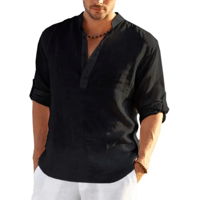 Emeja | Heren Bandkraag Shirt - Lange Mouw V-Hals Casual