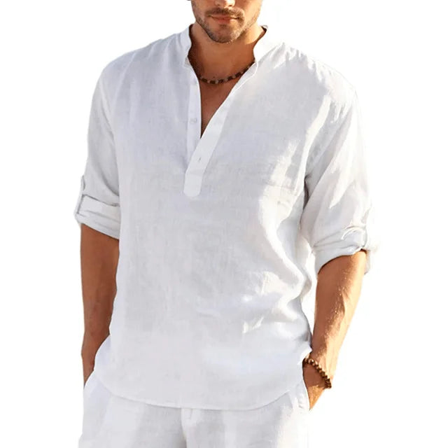 Emeja | Heren Bandkraag Shirt - Lange Mouw V-Hals Casual