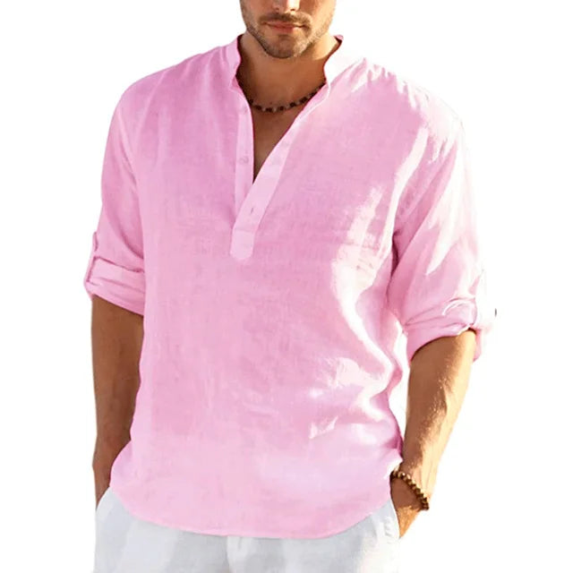 Emeja | Heren Bandkraag Shirt - Lange Mouw V-Hals Casual