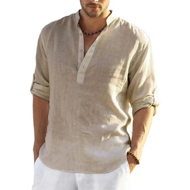 Emeja | Heren Bandkraag Shirt - Lange Mouw V-Hals Casual