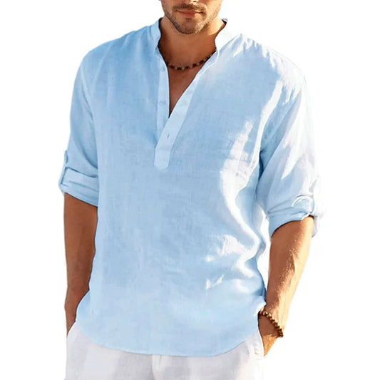 Emeja | Heren Bandkraag Shirt - Lange Mouw V-Hals Casual