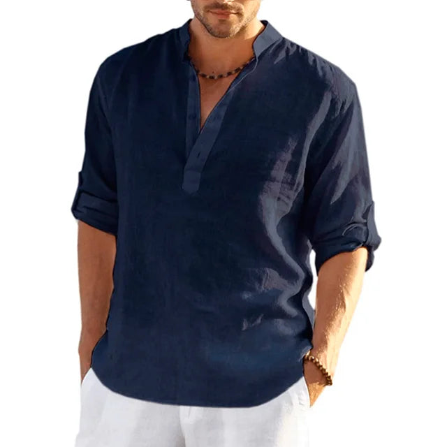 Emeja | Heren Bandkraag Shirt - Lange Mouw V-Hals Casual