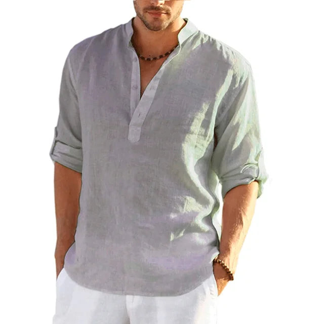 Emeja | Heren Bandkraag Shirt - Lange Mouw V-Hals Casual