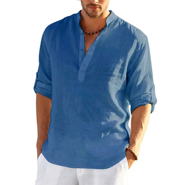 Emeja | Heren Bandkraag Shirt - Lange Mouw V-Hals Casual