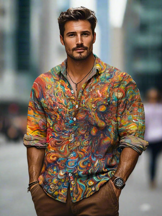 Emeja | Heren Lange Mouwen Knop-Up Artistieke Print Shirt