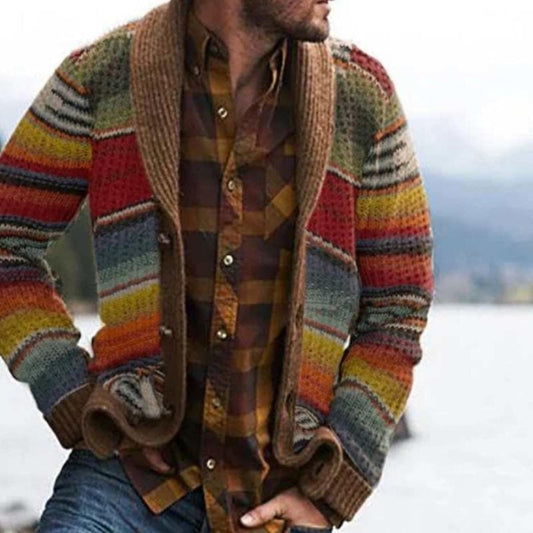 Emeja | Heren Schouderkraag Cardigan - Multicolor Gestreept Breiwerk