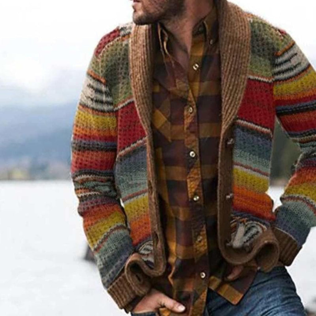 Emeja | Heren Schouderkraag Cardigan - Multicolor Gestreept Breiwerk