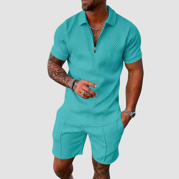 Emeja | Heren Zip Polo Shirt & Shorts Set Textured