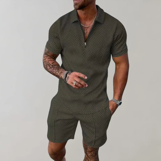 Emeja | Heren Zip Polo Shirt & Shorts Set Textured