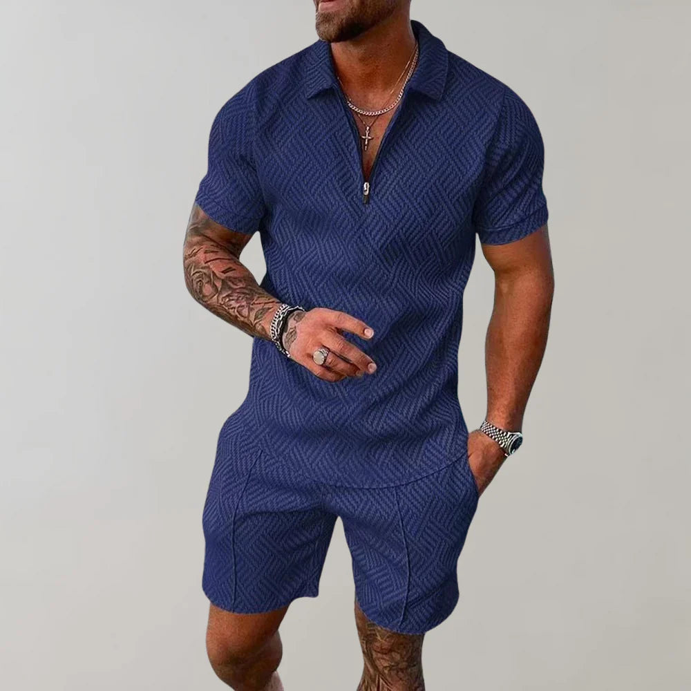 Emeja | Heren Zip Polo Shirt & Shorts Set Textured