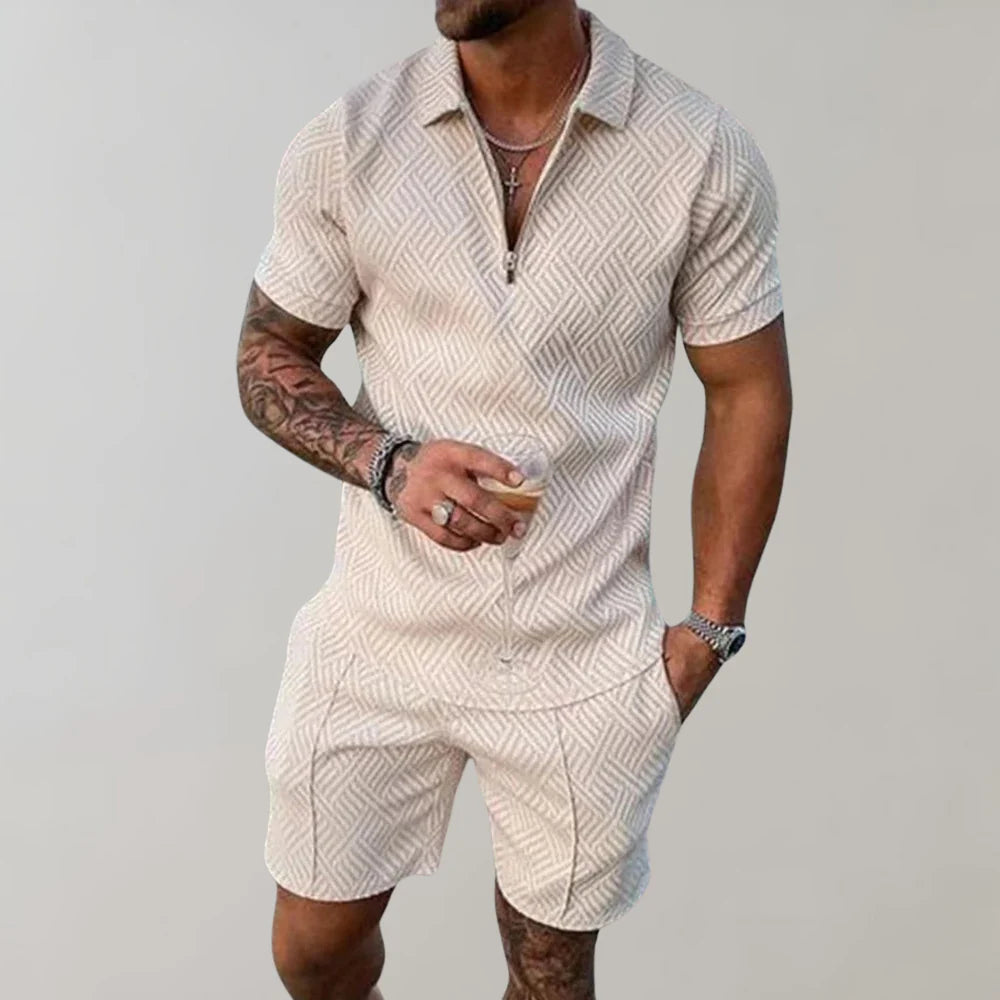 Emeja | Heren Zip Polo Shirt & Shorts Set Textured