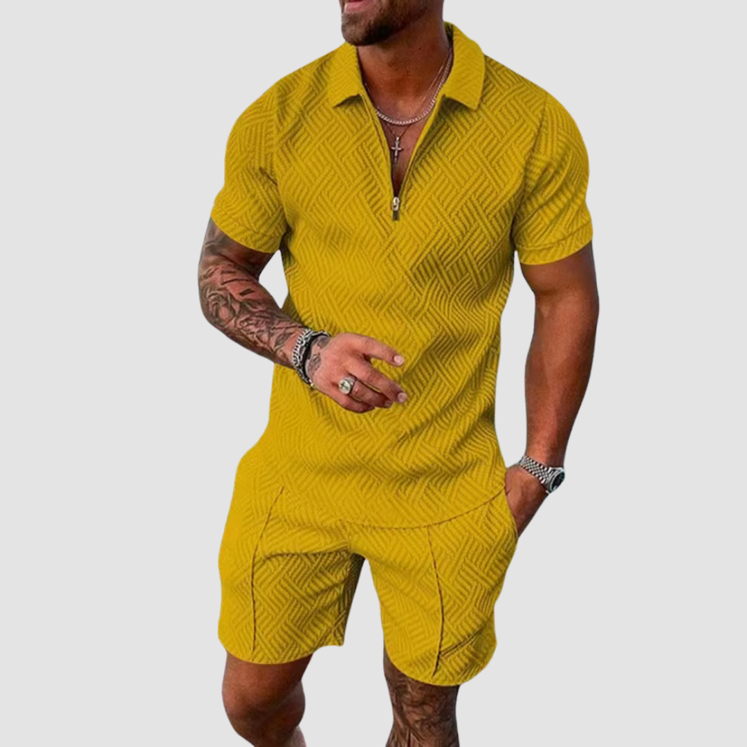 Emeja | Heren Zip Polo Shirt & Shorts Set Textured