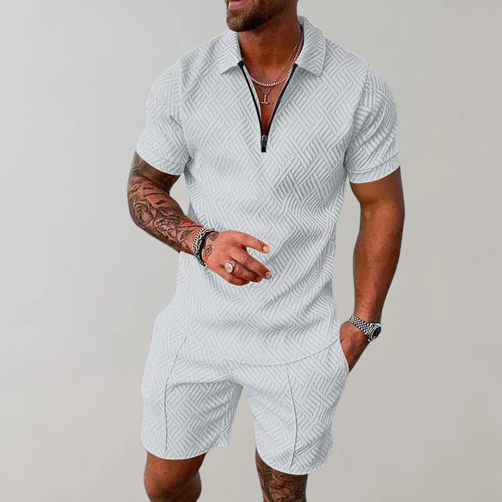 Emeja | Heren Zip Polo Shirt & Shorts Set Textured