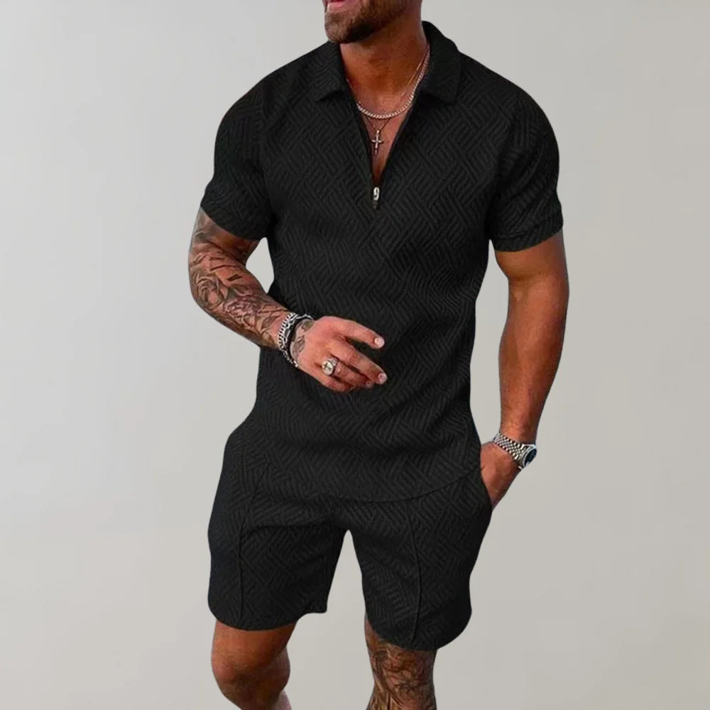 Emeja | Heren Zip Polo Shirt & Shorts Set Textured