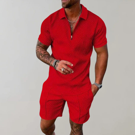 Emeja | Heren Zip Polo Shirt & Shorts Set Textured