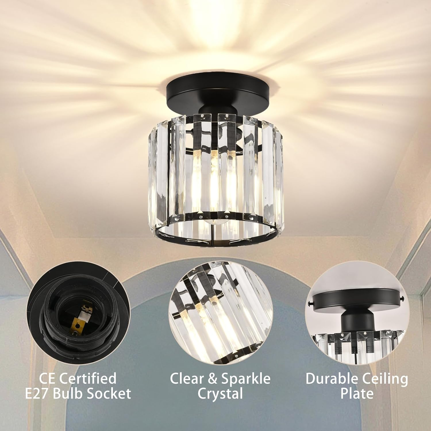 Emeja | Kristallen Plafondlamp – Messing Bevestiging & Compact Ontwerp