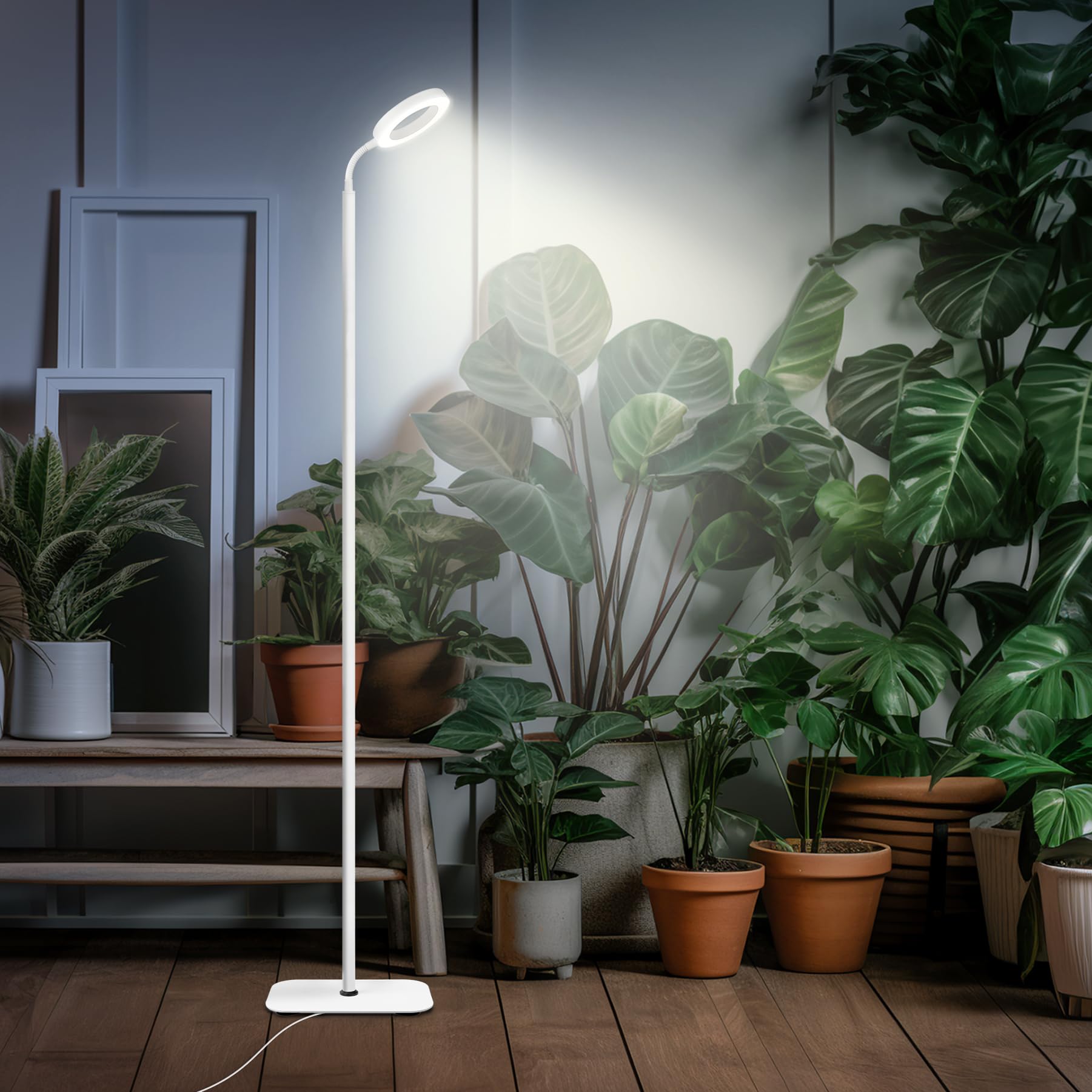 Emeja | Mistyjungle Groei Lamp voor Binnenplanten, Vloer Volledig Spectrum Plantenlamp met Statief, Grote Groeilampen met Automatische Timer, 60 Inch Hoogte Verstelbaar, 10 Niveaus Dimbaar, Witte Halo LED Groeilamp