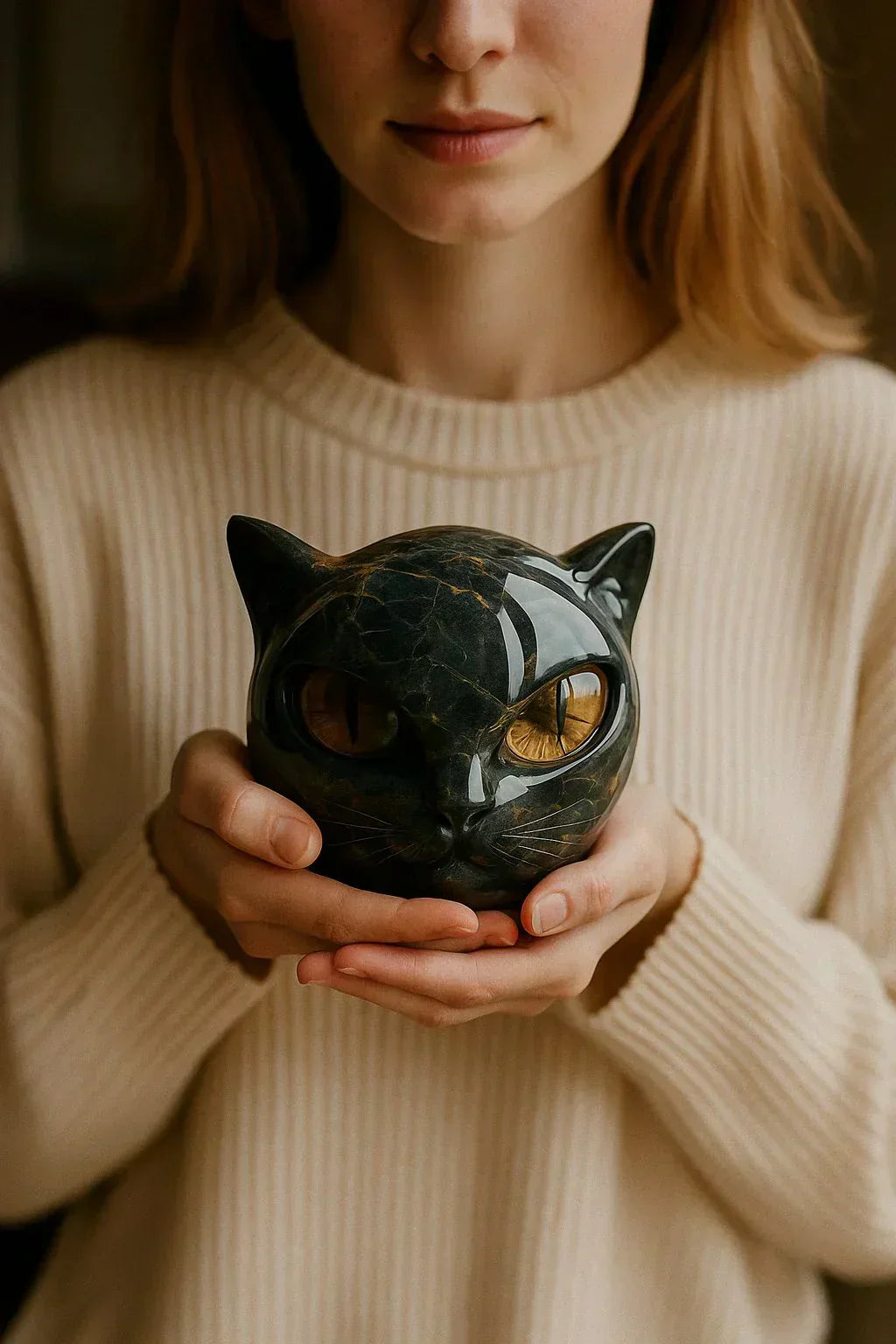 Emeja | NoirCat Sculptuur – Zwarte Kat Hoofd met Hypnotiserende Ogen