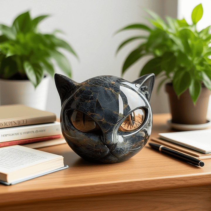 Emeja | NoirCat Sculptuur – Zwarte Kat Hoofd met Hypnotiserende Ogen