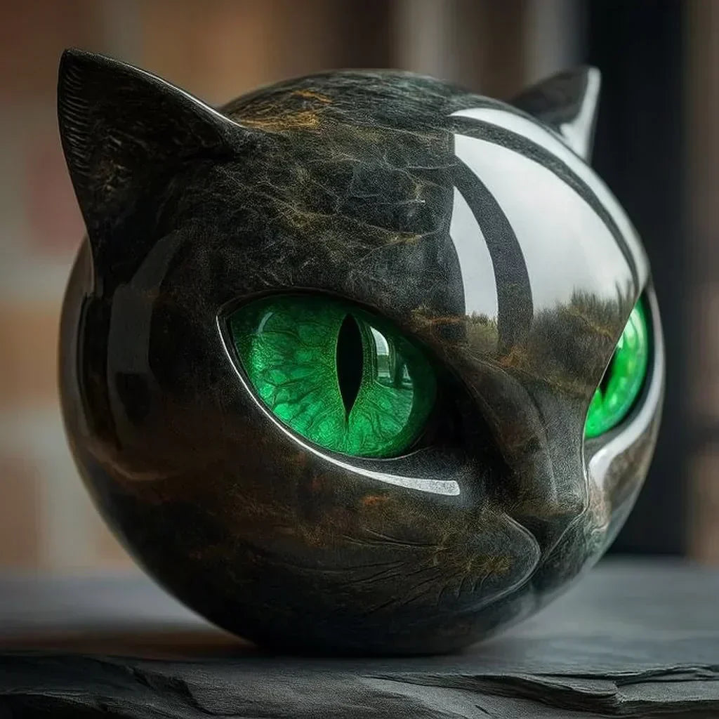 Emeja | NoirCat Sculptuur – Zwarte Kat Hoofd met Hypnotiserende Ogen