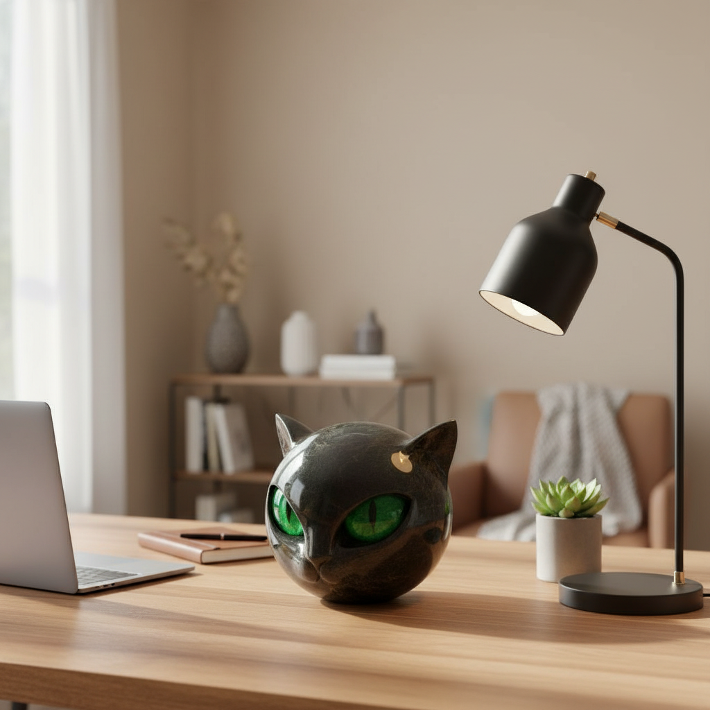 Emeja | NoirCat Sculptuur – Zwarte Kat Hoofd met Hypnotiserende Ogen