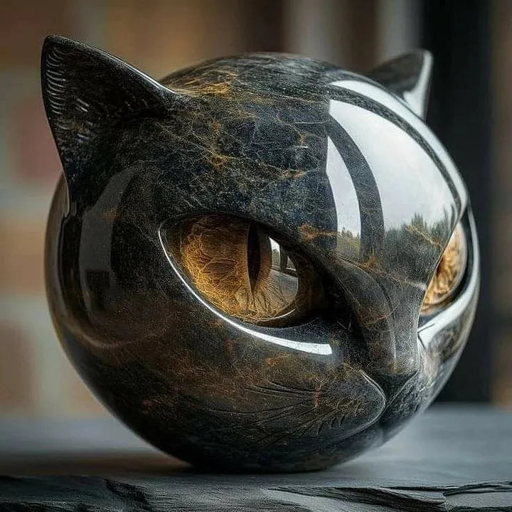 Emeja | NoirCat Sculptuur – Zwarte Kat Hoofd met Hypnotiserende Ogen