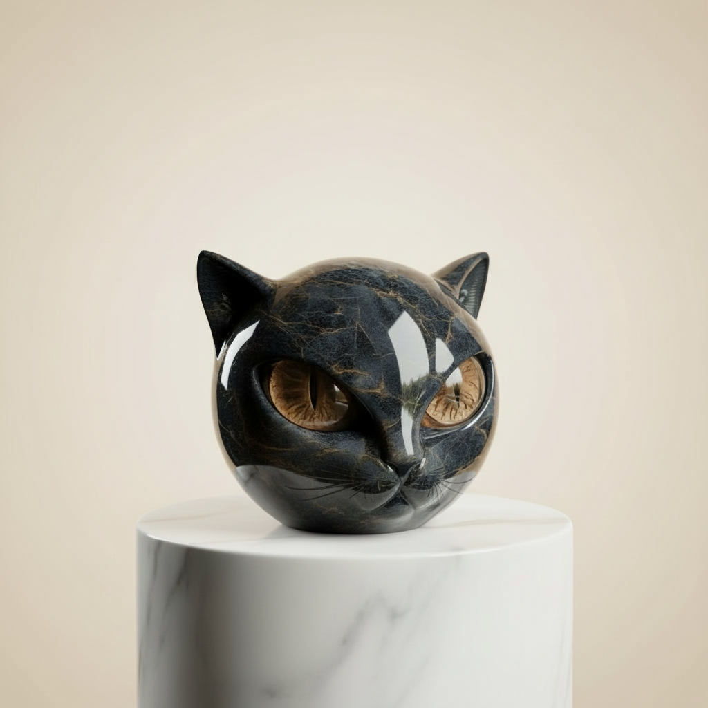 Emeja | NoirCat Sculptuur – Zwarte Kat Hoofd met Hypnotiserende Ogen