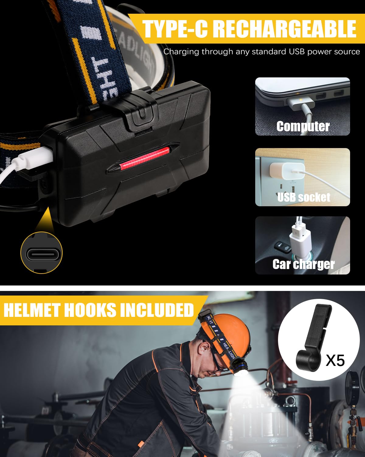 Emeja | Ochter 18000 Lumen Oplaadbare Hoofdlamp, 8 Modi, Waterdicht, USB, Rood & Wit Licht