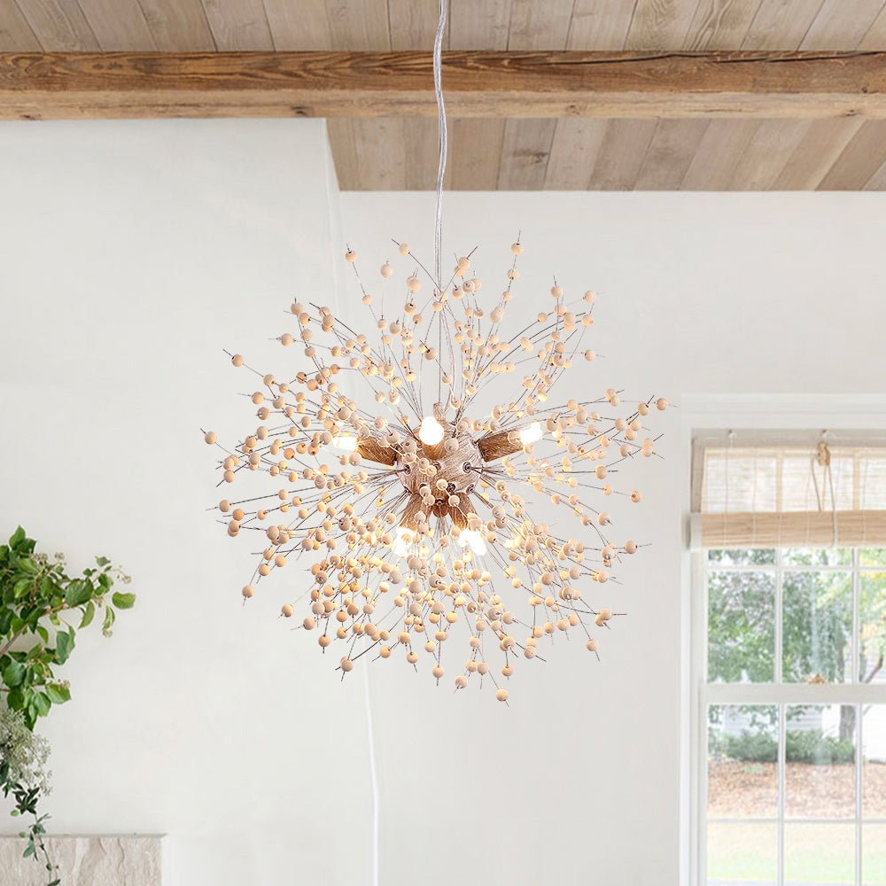 Emeja | Paardenbloem Hanglamp met Houten Kralen | Vuurwerk Sterrenexplosie Ontwerp