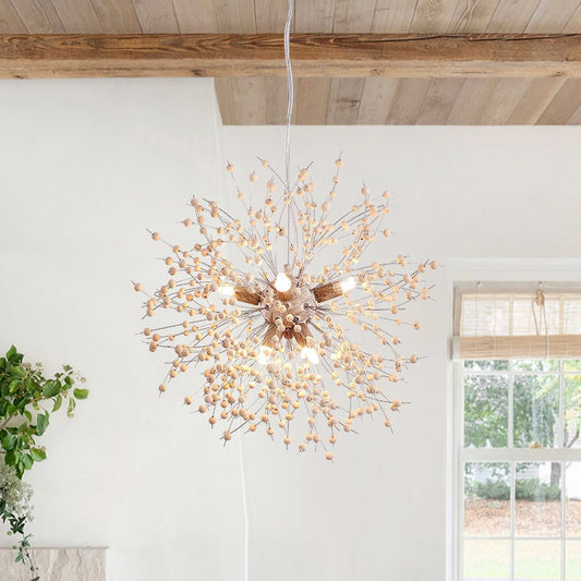 Emeja | Paardenbloem Hanglamp met Houten Kralen | Vuurwerk Sterrenexplosie Ontwerp
