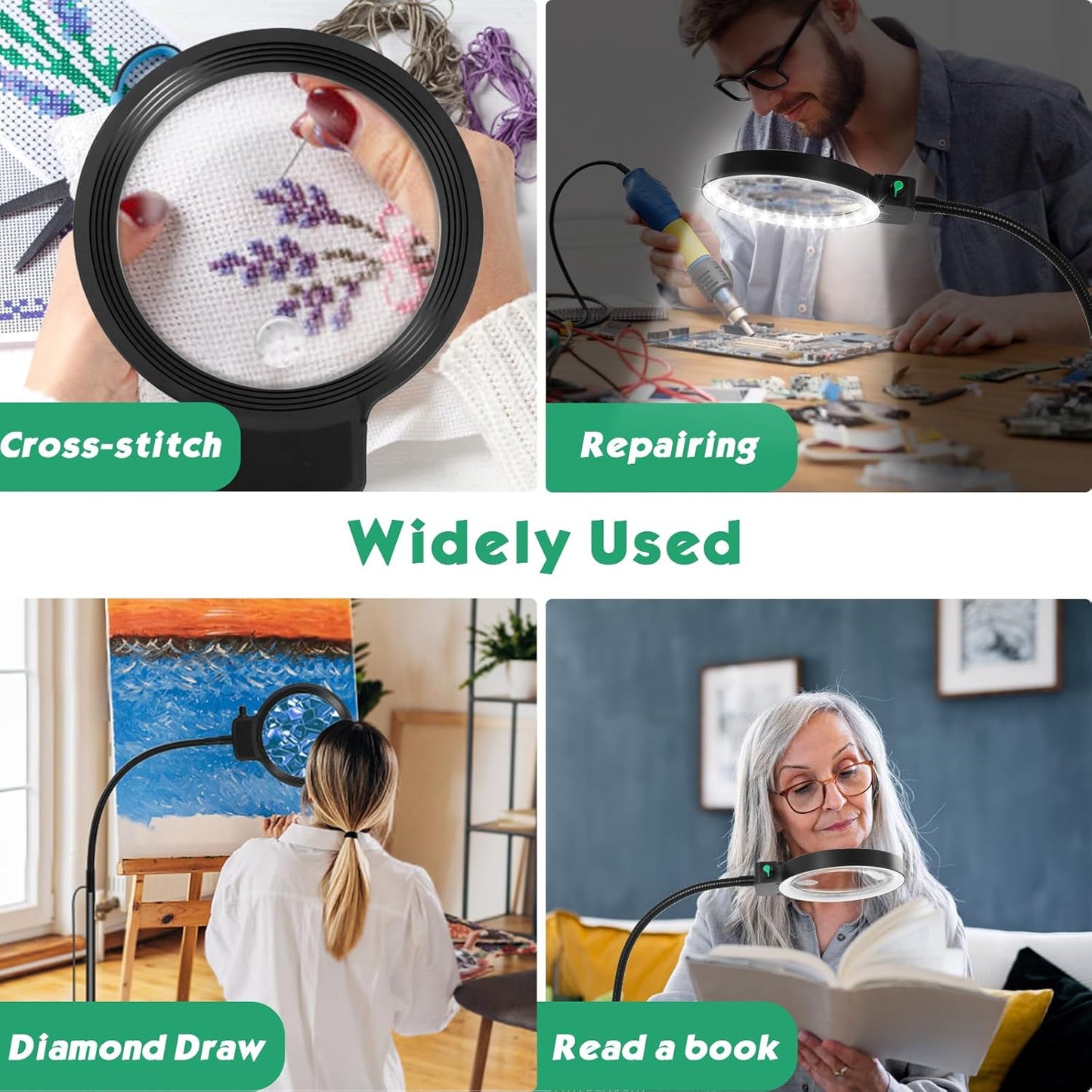 Emeja | Volledigzijdige Vergrootglas met LED Licht – Handsfree Leeshulpmiddel voor Boeken, Hobby's en Ambachten