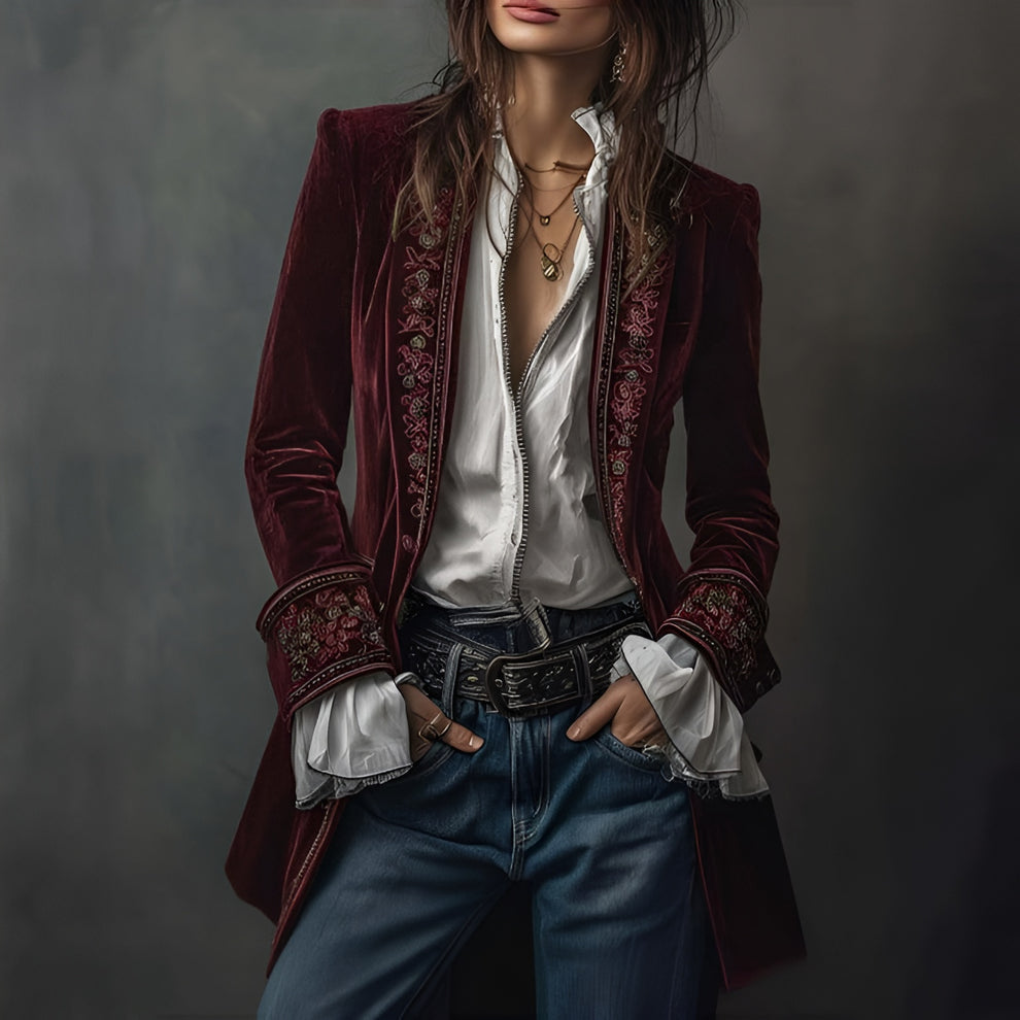 Emeja | Vrouwen Geborduurde Fluwelen Blazer Jas