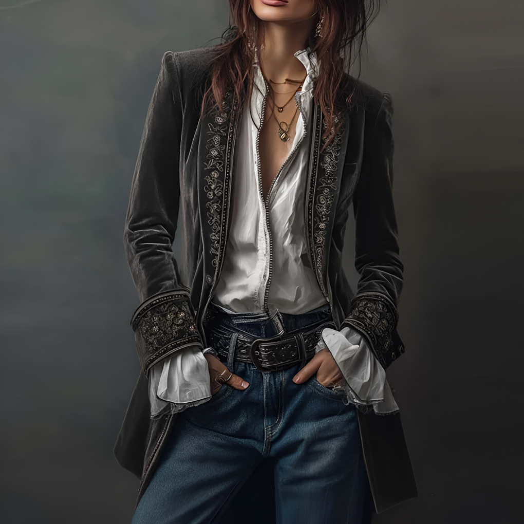 Emeja | Vrouwen Geborduurde Fluwelen Blazer Jas