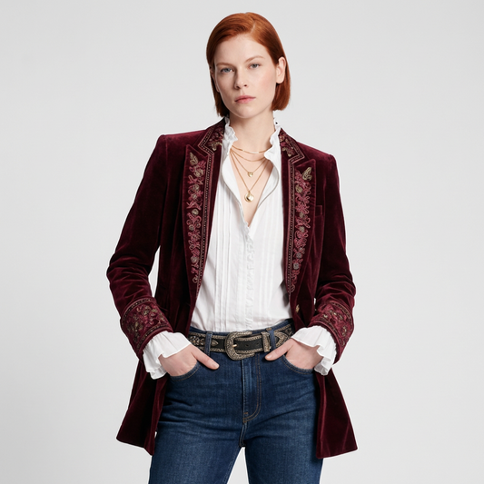 Emeja | Vrouwen Geborduurde Fluwelen Blazer Jas