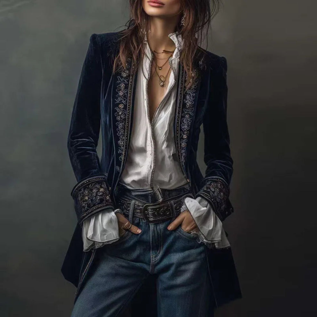 Emeja | Vrouwen Geborduurde Fluwelen Blazer Jas