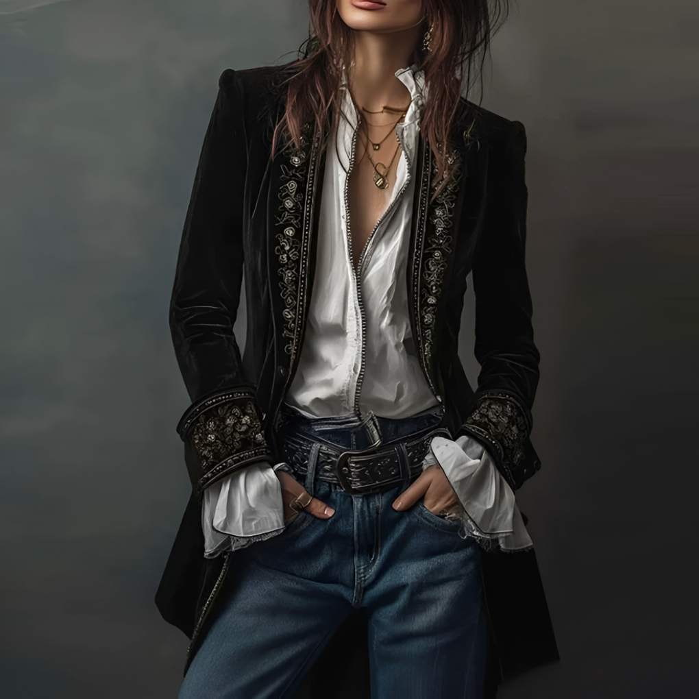Emeja | Vrouwen Geborduurde Fluwelen Blazer Jas