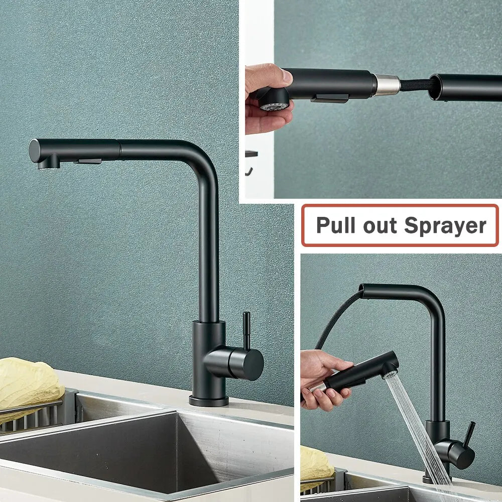 Emeja | Zwarte Uittrek Keukenkraan - Flexibele 2-Mode Stroom- en Spuitmond, Roestvrij Staal Warm-Koud Water Mengkraan