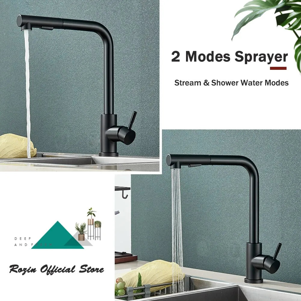 Emeja | Zwarte Uittrek Keukenkraan - Flexibele 2-Mode Stroom- en Spuitmond, Roestvrij Staal Warm-Koud Water Mengkraan