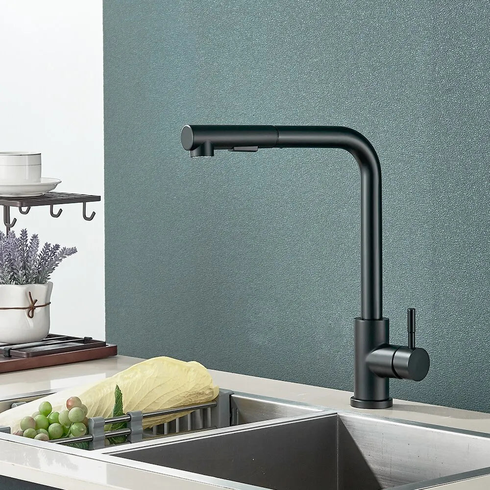 Emeja | Zwarte Uittrek Keukenkraan - Flexibele 2-Mode Stroom- en Spuitmond, Roestvrij Staal Warm-Koud Water Mengkraan