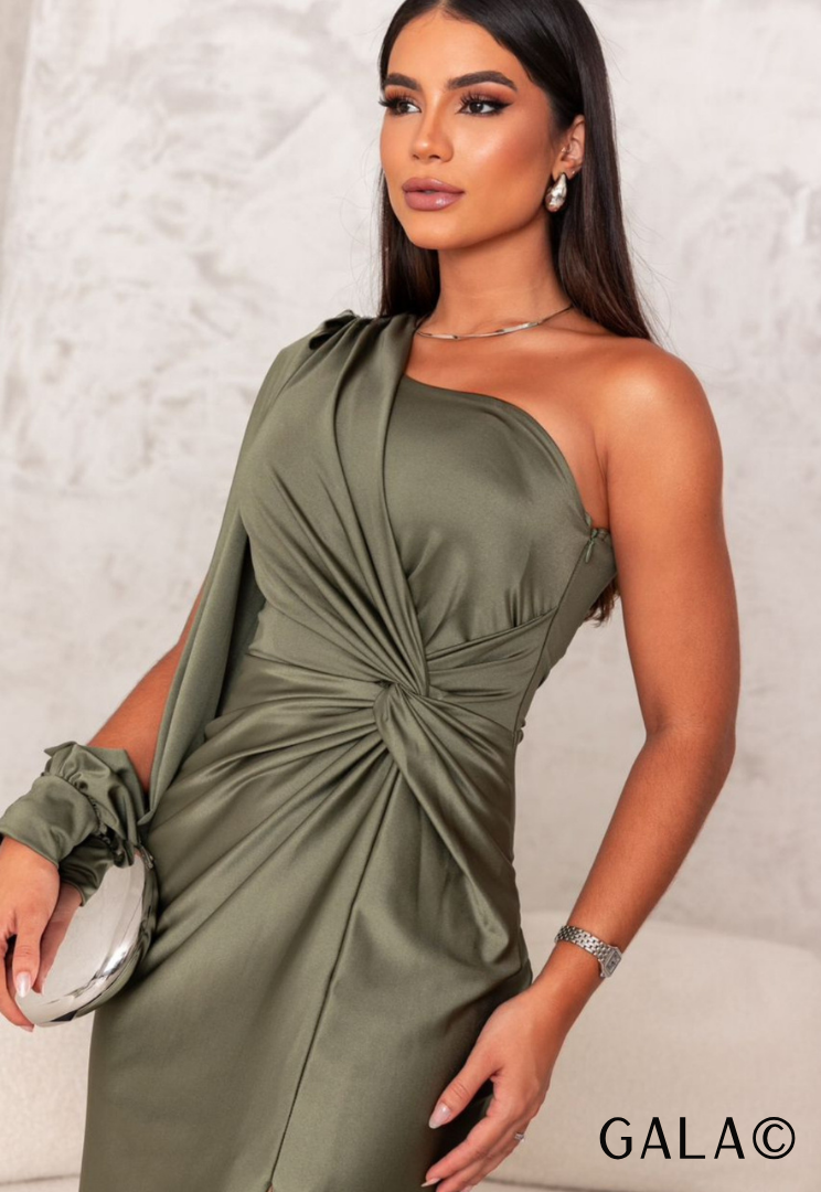 Gala One Shoulder Lange Mouw Geplooide Jurk Voor Herfst