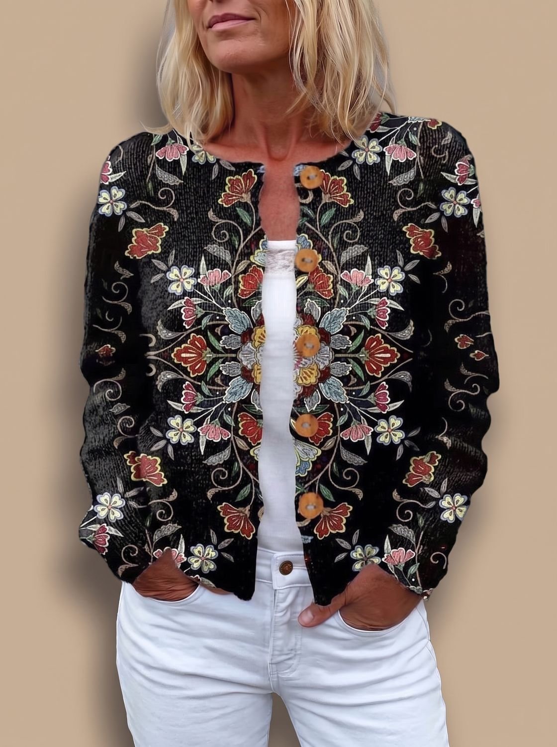 Gebreid damesvest met bloemenprint, lange mouwen en knoopsluiting