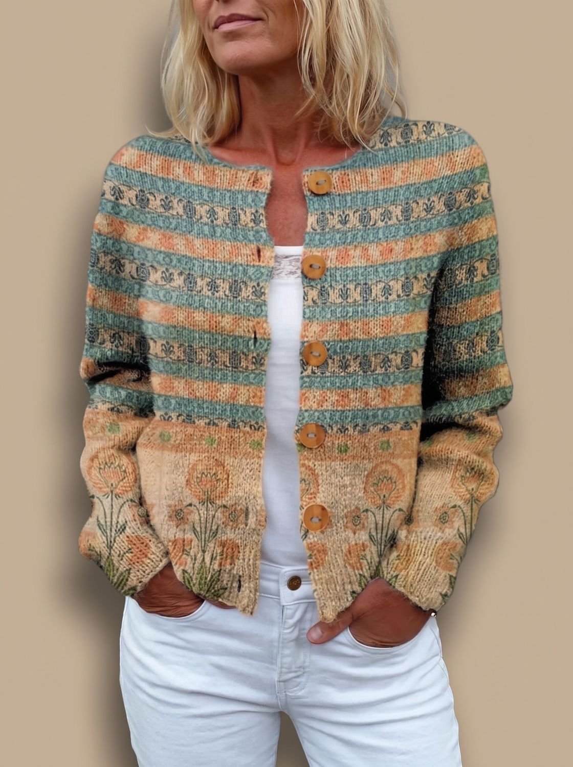 Gebreid damesvest met bloemenprint, lange mouwen en knoopsluiting