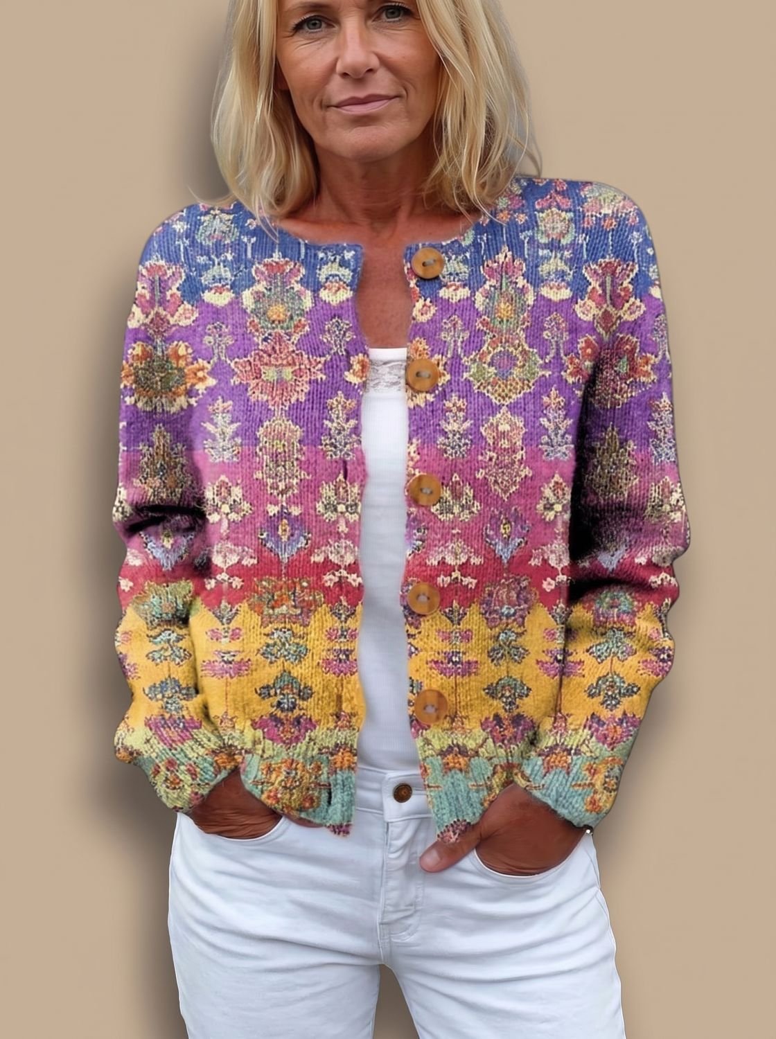 Gebreid damesvest met bloemenprint, lange mouwen en knoopsluiting