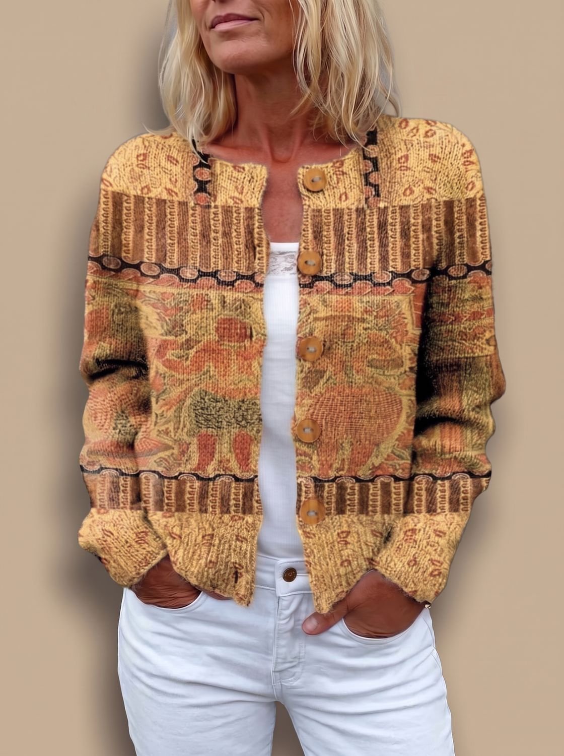 Gebreid damesvest met bloemenprint, lange mouwen en knoopsluiting