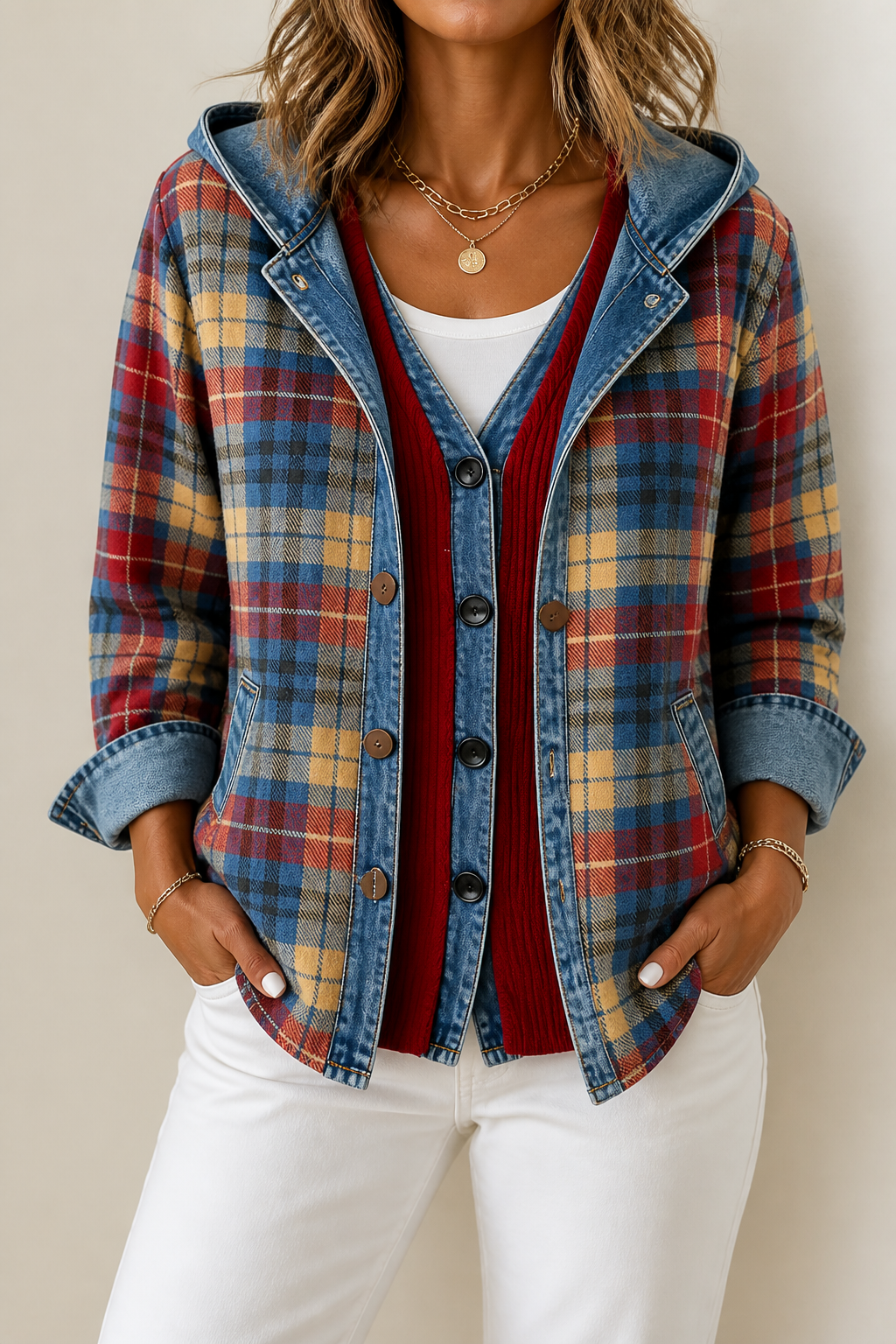 Gebreid vest met capuchon en denim afwerking