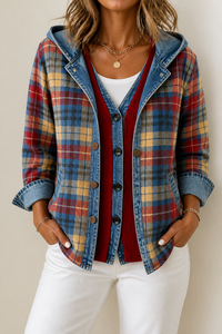 Gebreid vest met capuchon en denim afwerking