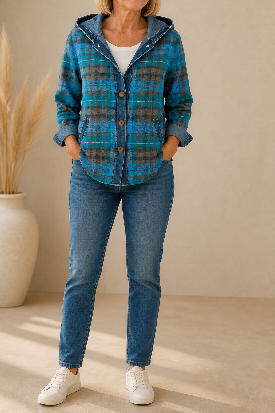 Gebreid vest met capuchon en denim afwerking