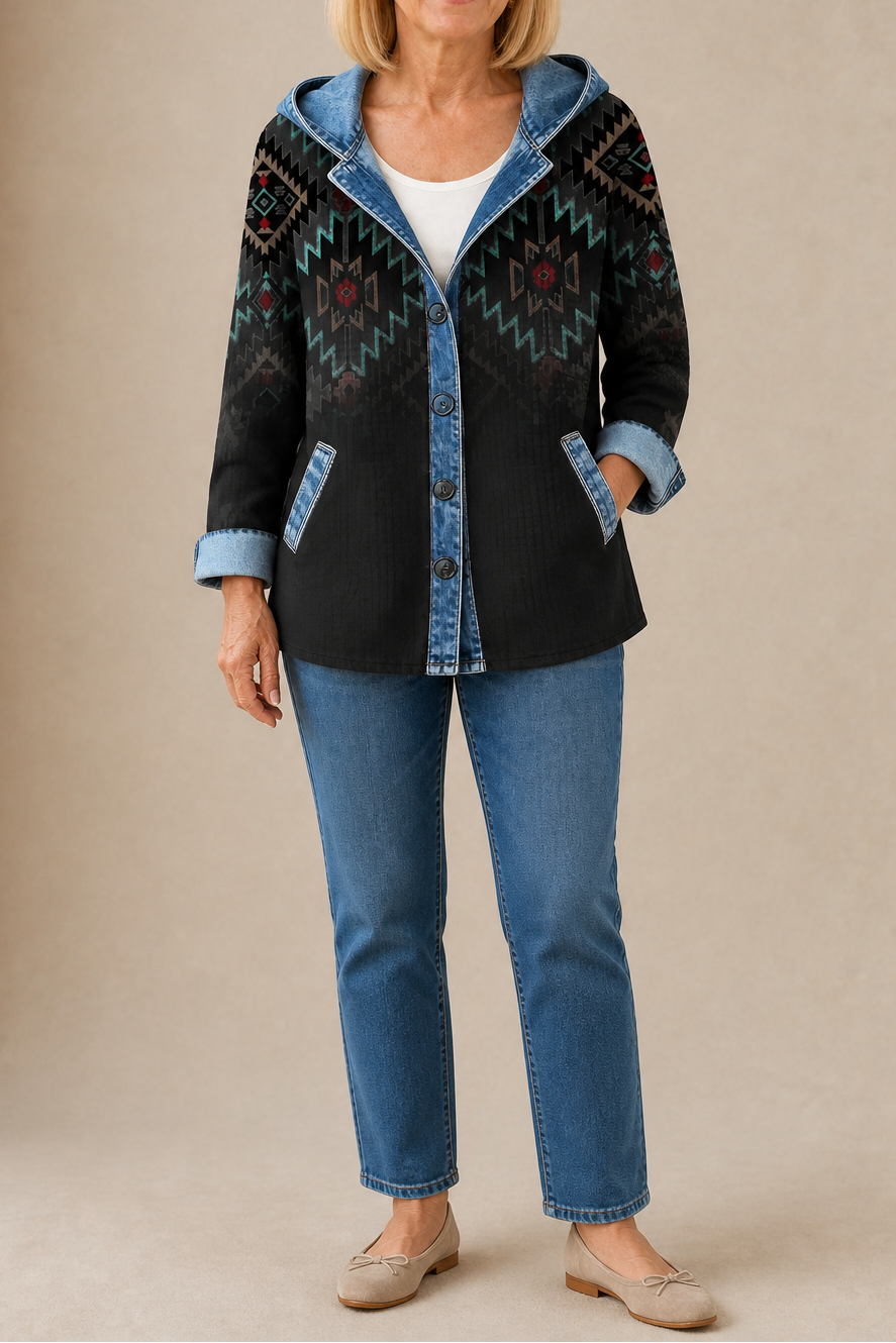 Gebreid vest met capuchon en denim afwerking