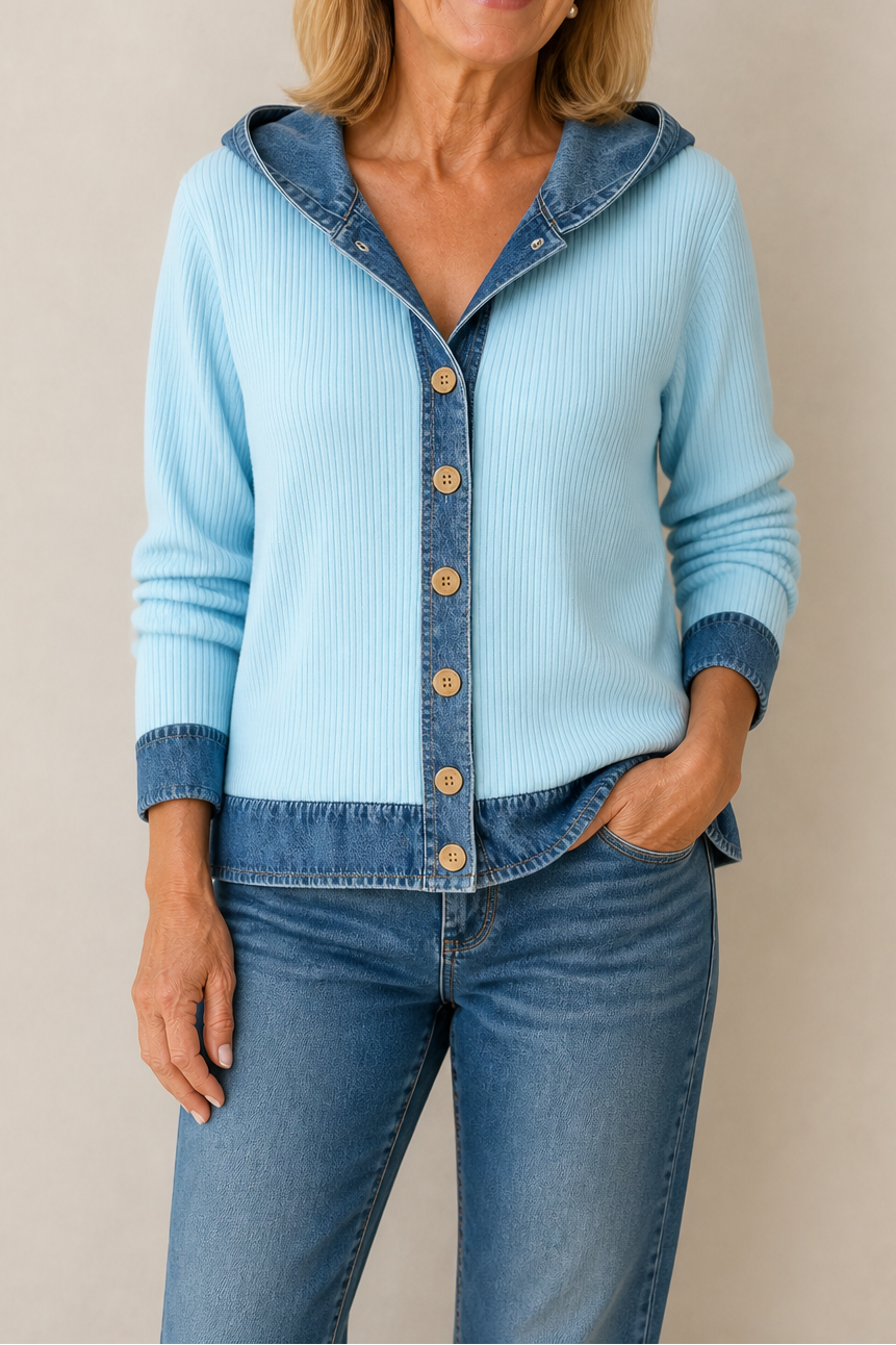 Gebreid vest met capuchon en denim afwerking