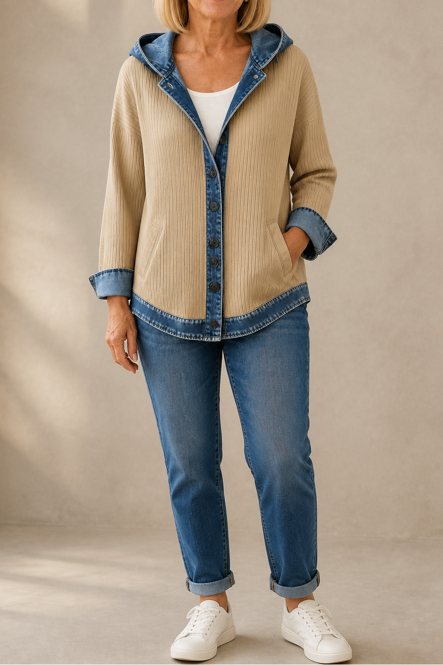 Gebreid vest met capuchon en denim afwerking